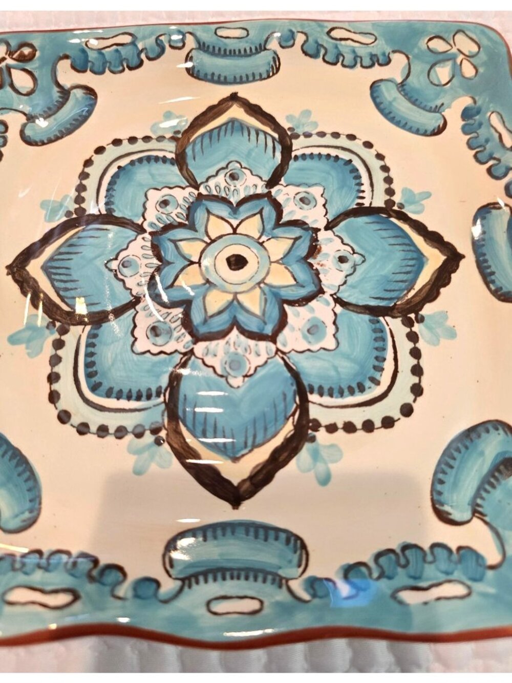 Set/2 Italian Blue & Green Ceramic Square Plates Hand-Painted Floral 8.5 x 8.5" - Picture 8 of 11